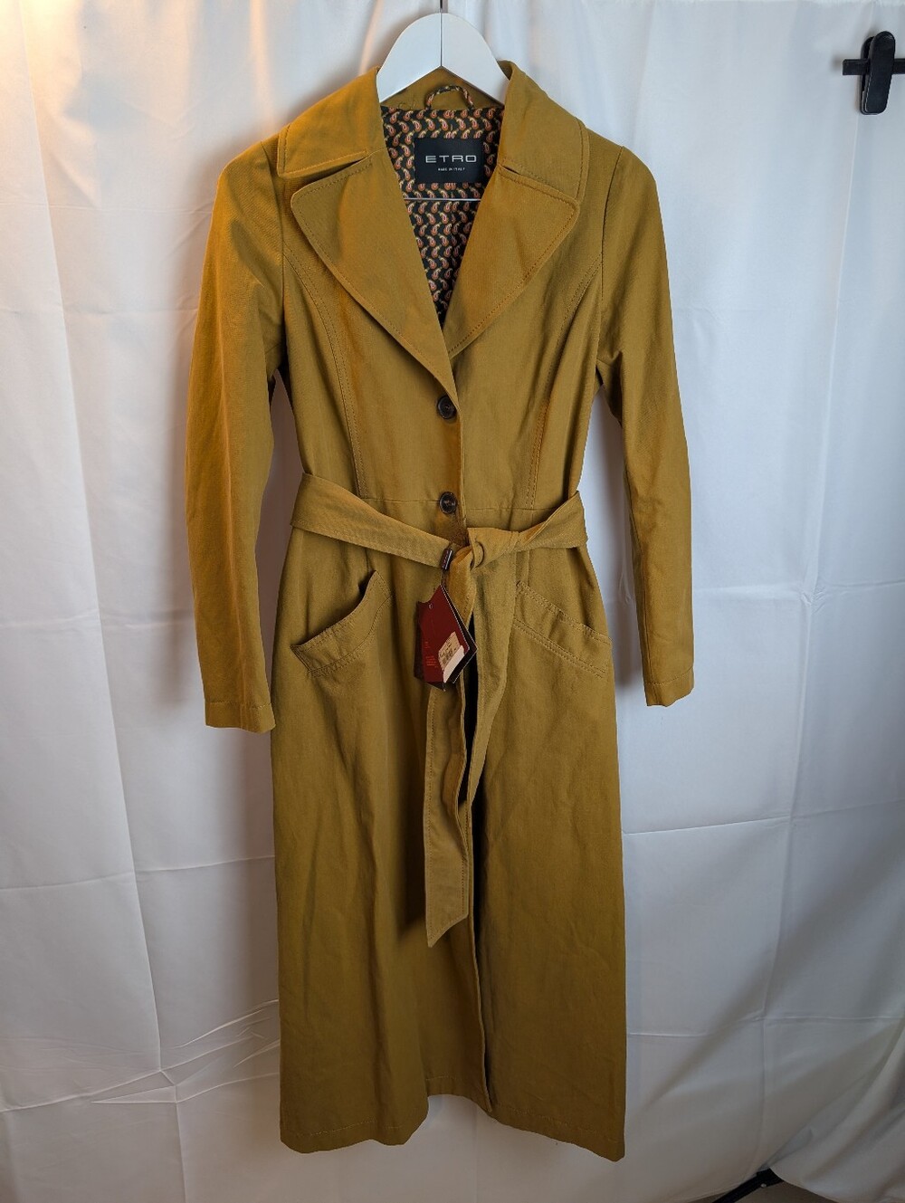 ETRO Milano Mustard Yellow Belted Long Trench Coat Paisley Lining IT 42 US 6 NWT